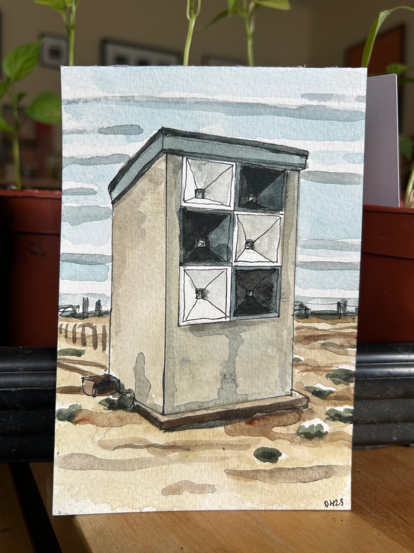 Foghorn, Dungeness, Kent. Postcard painting.