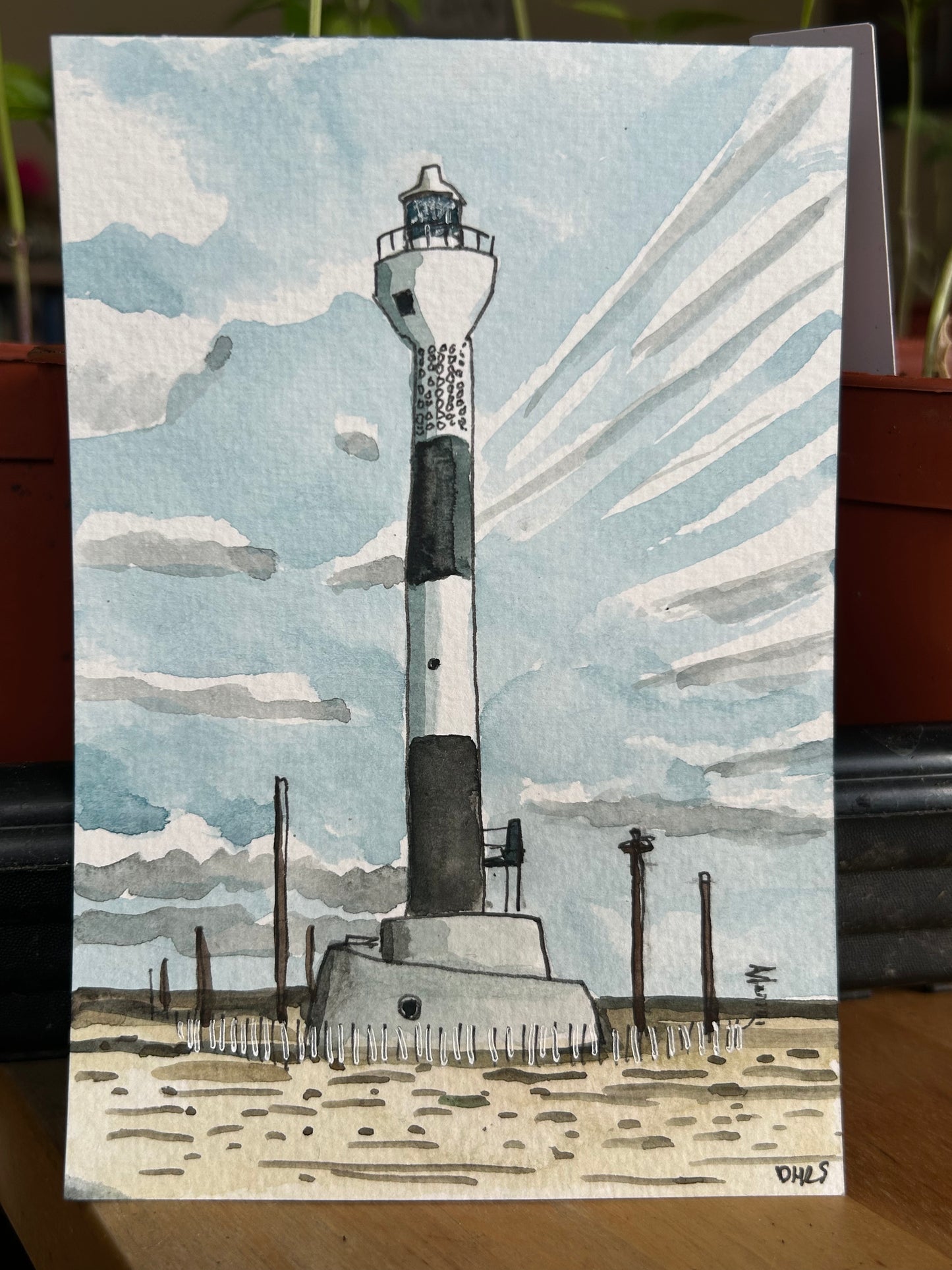 Lighthouse, Dungeness, Kent. Postcard painting.
