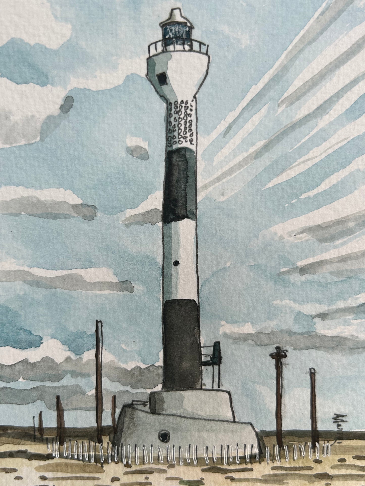 Lighthouse, Dungeness, Kent. Postcard painting.