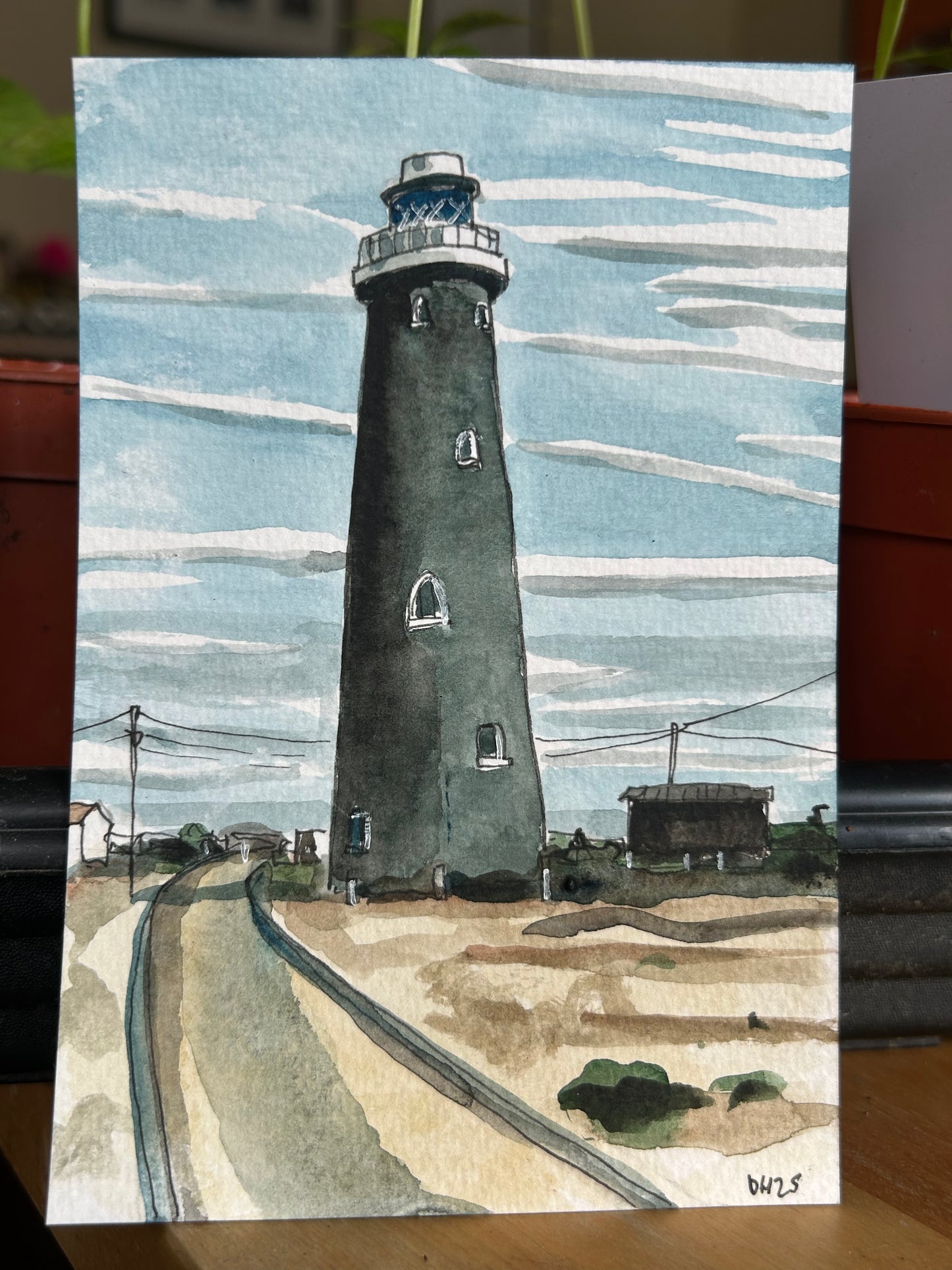 Lighthouse, Dungeness, Kent. Postcard painting.