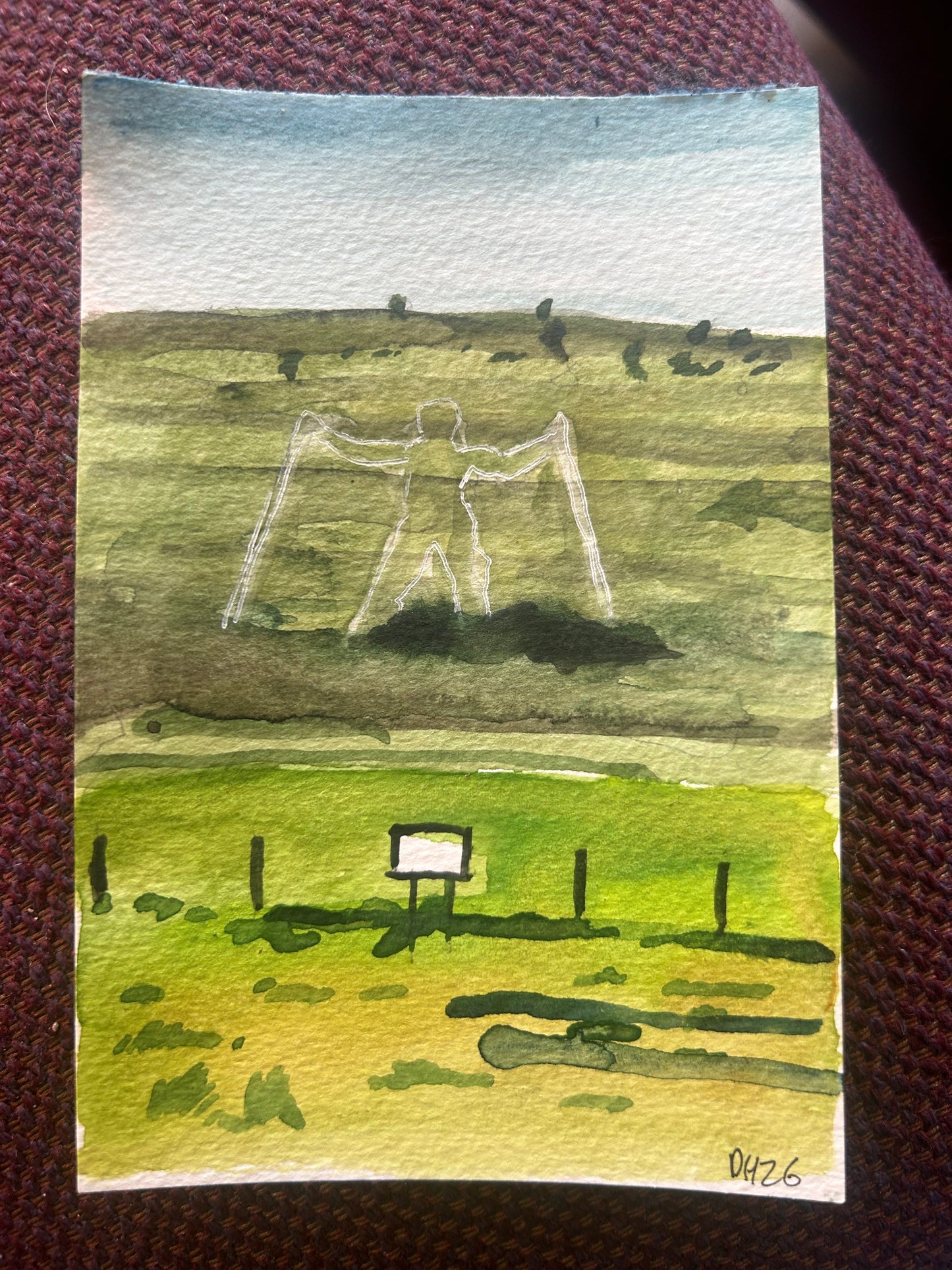 The Long Man. Polegate. Postcard Painting. watercolour.