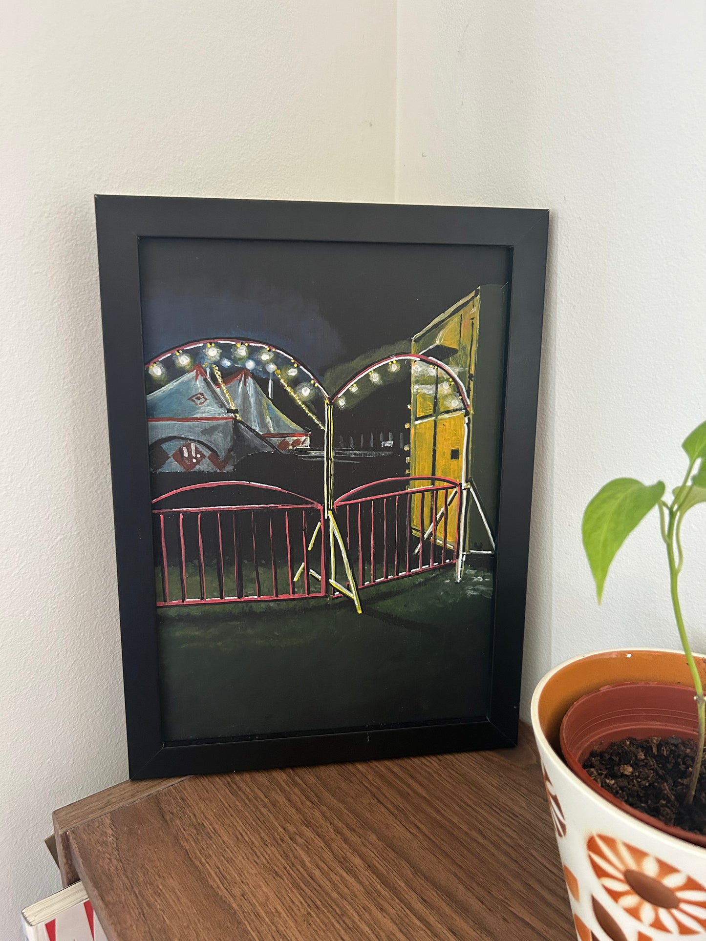 ‘I saw them just the other day, they said don’t be afraid’ A4 night painting. Acrylic on board. Framed. Fun Fair 2024 23