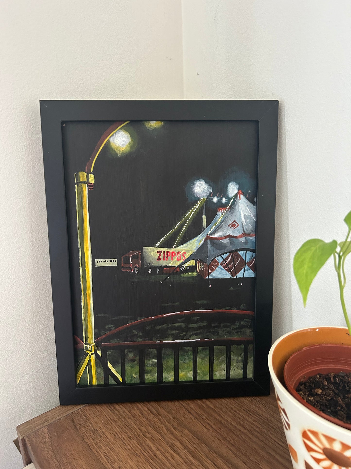 ‘I don’t know, I honestly don’t know.’ A4 night painting. Acrylic on board. Framed. Fun Fair 2024 27