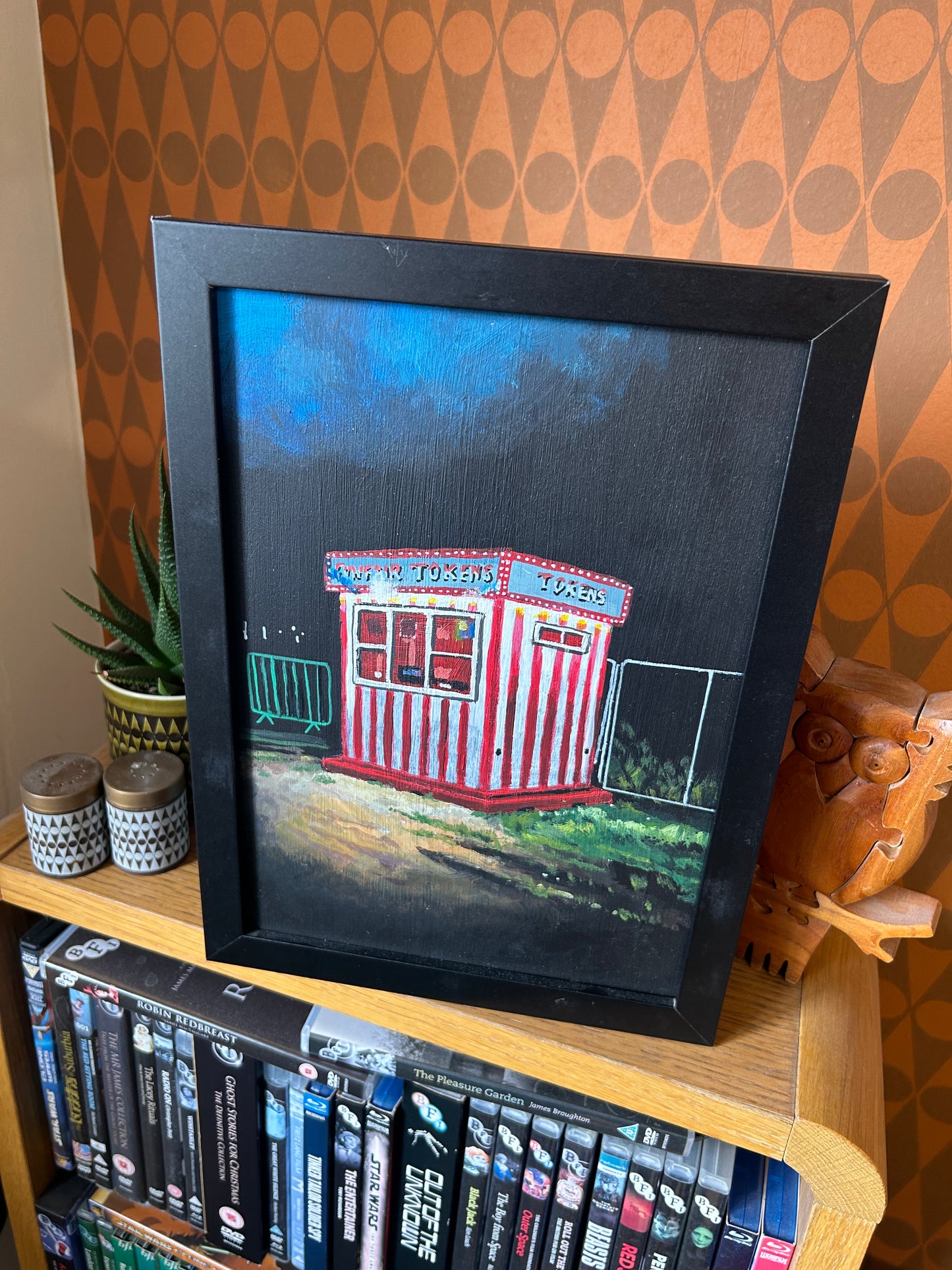 ‘She was ready to burst. She was uncontrolled’ A4 night painting. Acrylic on board. Framed. Fun Fair 2024 16