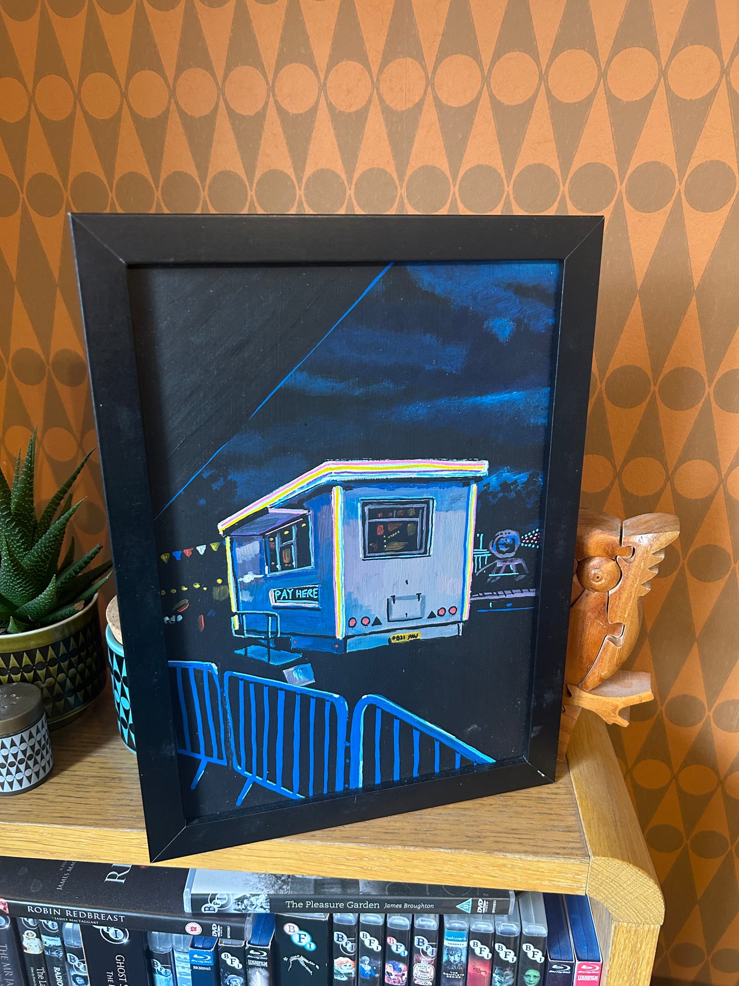 ‘The sun blinded me. I saw dots’ A4 night painting. Acrylic on board. Framed. Fun Fair 2024 33