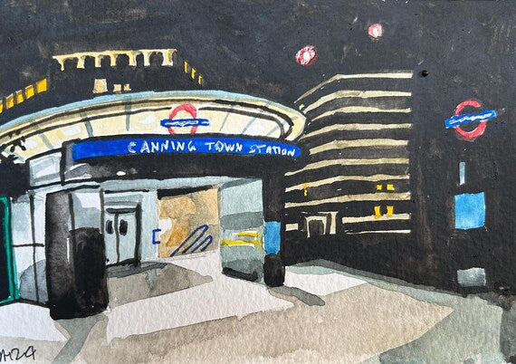 Canning Town Tube Station. London. Postcard painting. Watercolour.