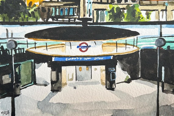 Canning Town Tube Station. London. Postcard painting. Watercolour.