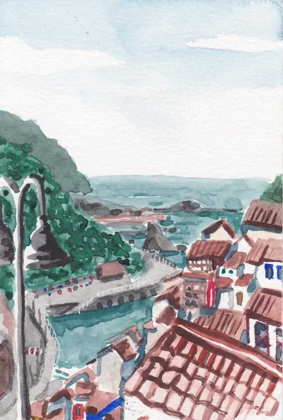 Postcard painting (A6) of Cudillero, Asturias, Spain. watercolour.
