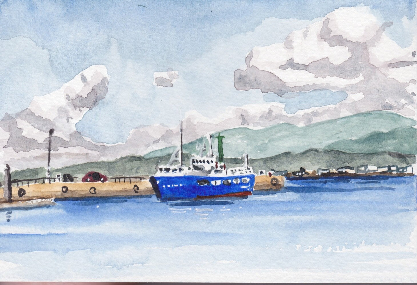 Postcard painting (A6) of boats in O Grove, Spain. watercolour.