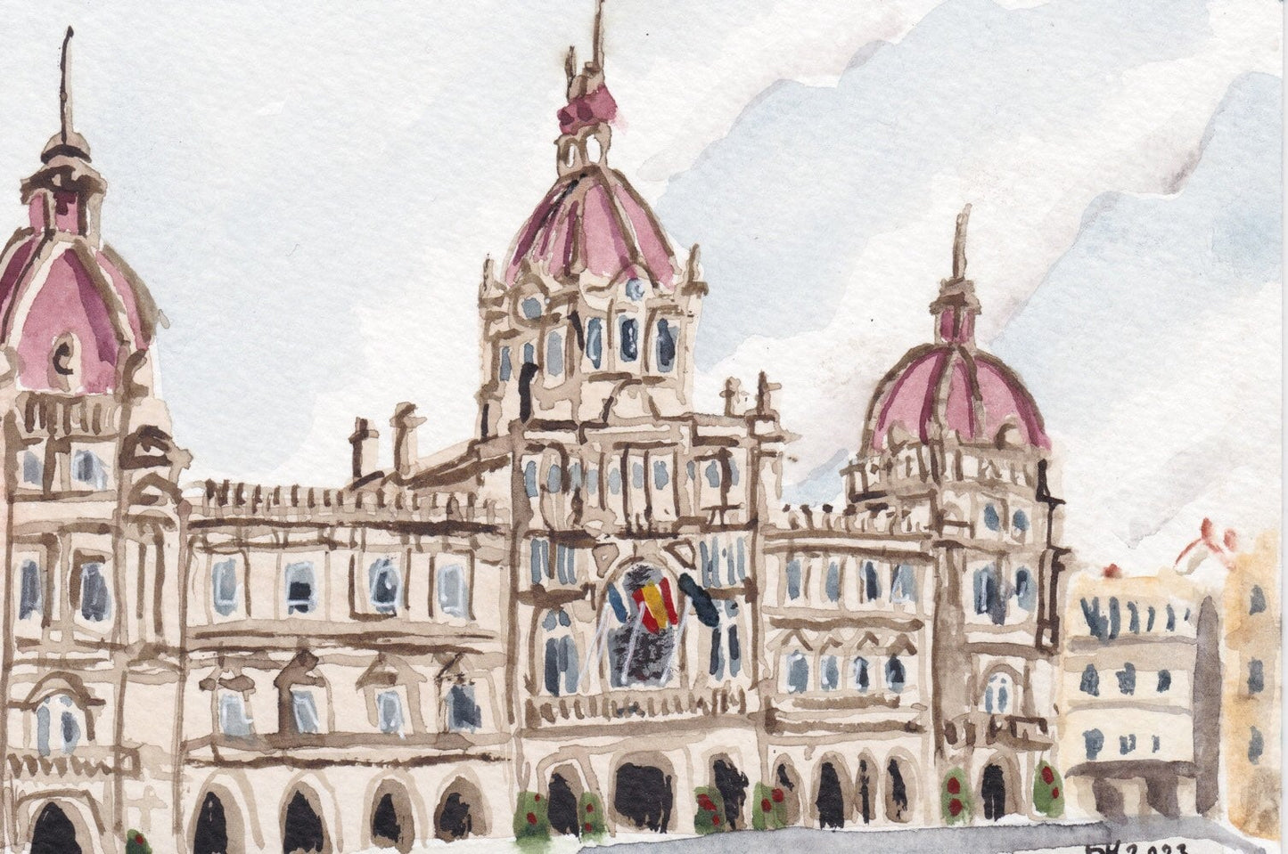 Postcard painting (A6) of Ayuntamiento de A Coruña, Spain. watercolour.