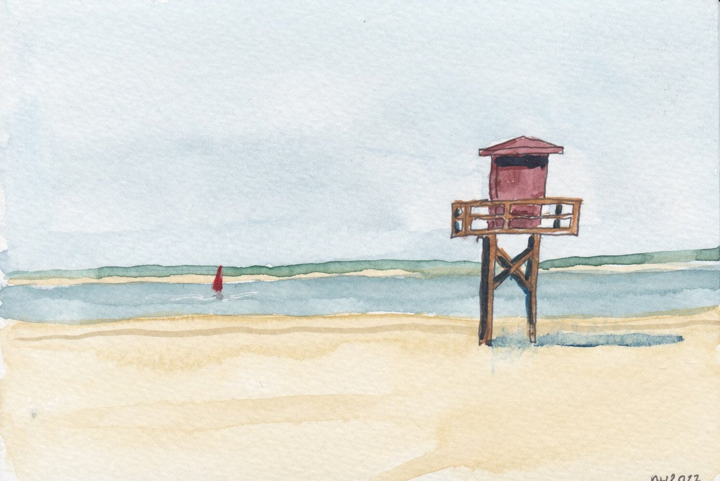 Postcard painting (A6) of beach at Sanlucar De Barrameda, Spain. watercolour.