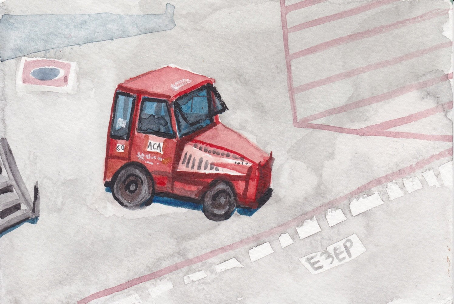 Postcard painting (A6) of airport vehicle, Barcelona, Spain. watercolour.