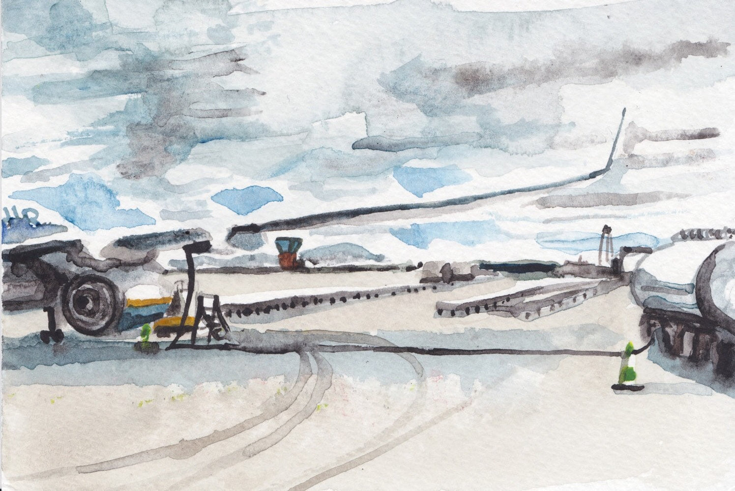 Postcard painting (A6) of plane at airport in Zaragoza, Spain. watercolour.