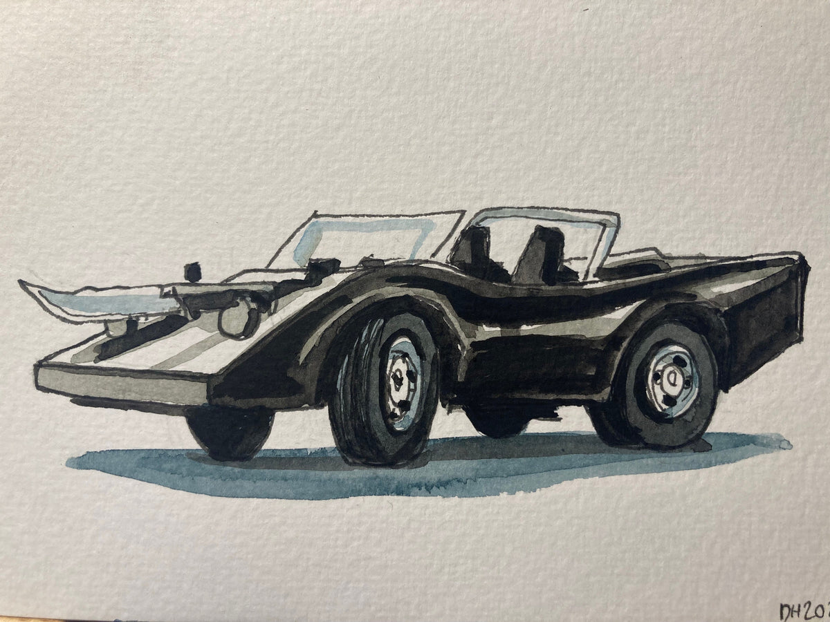 Postcard painting (A6) of Machine Joe’s Car from the movie Death Race 2000.