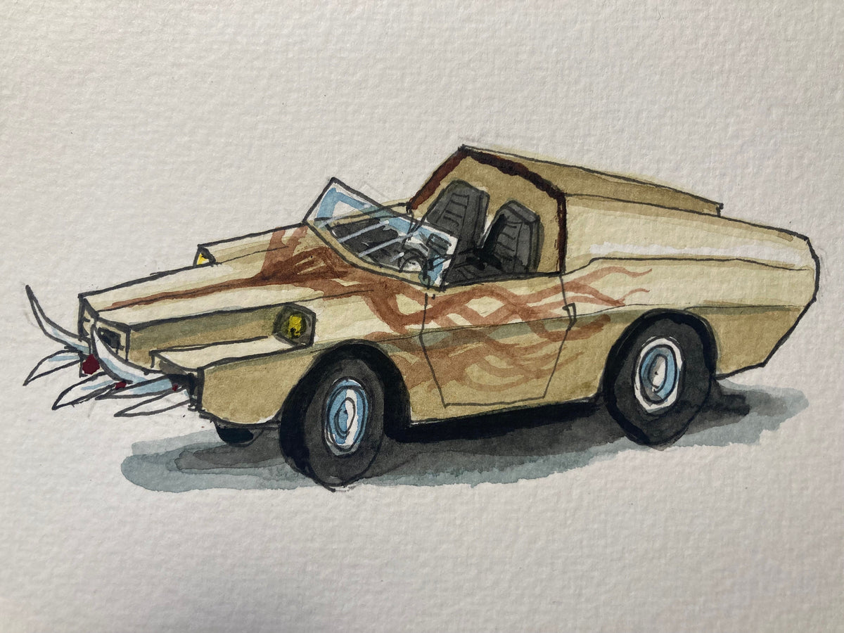 Postcard painting (A6) of Nero the Hero’s car from the movie Death Race 2000.