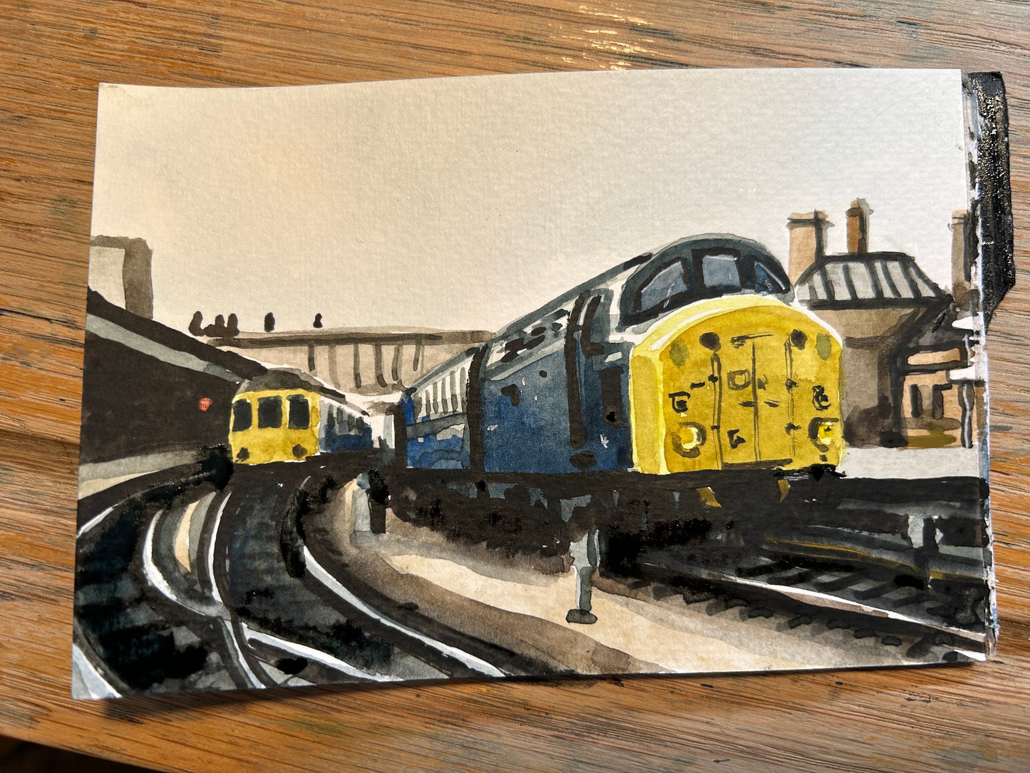 Postcard painting of class 40 and Class 108 train. Watercolour.