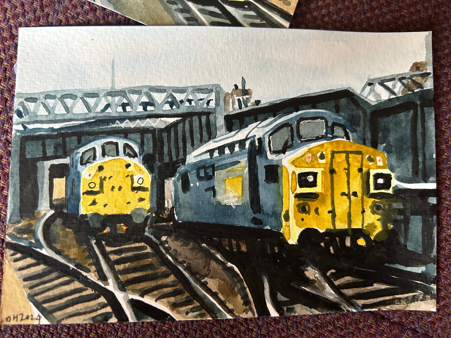 Postcard painting of two Class 36 Diesel trains. Watercolour.
