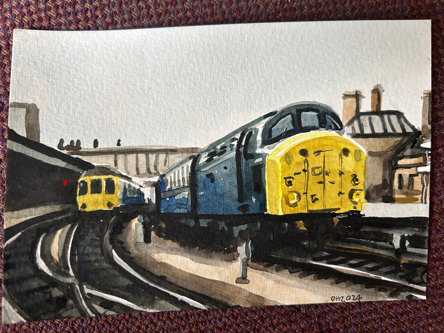 Postcard painting of class 40 and Class 108 train. Watercolour.