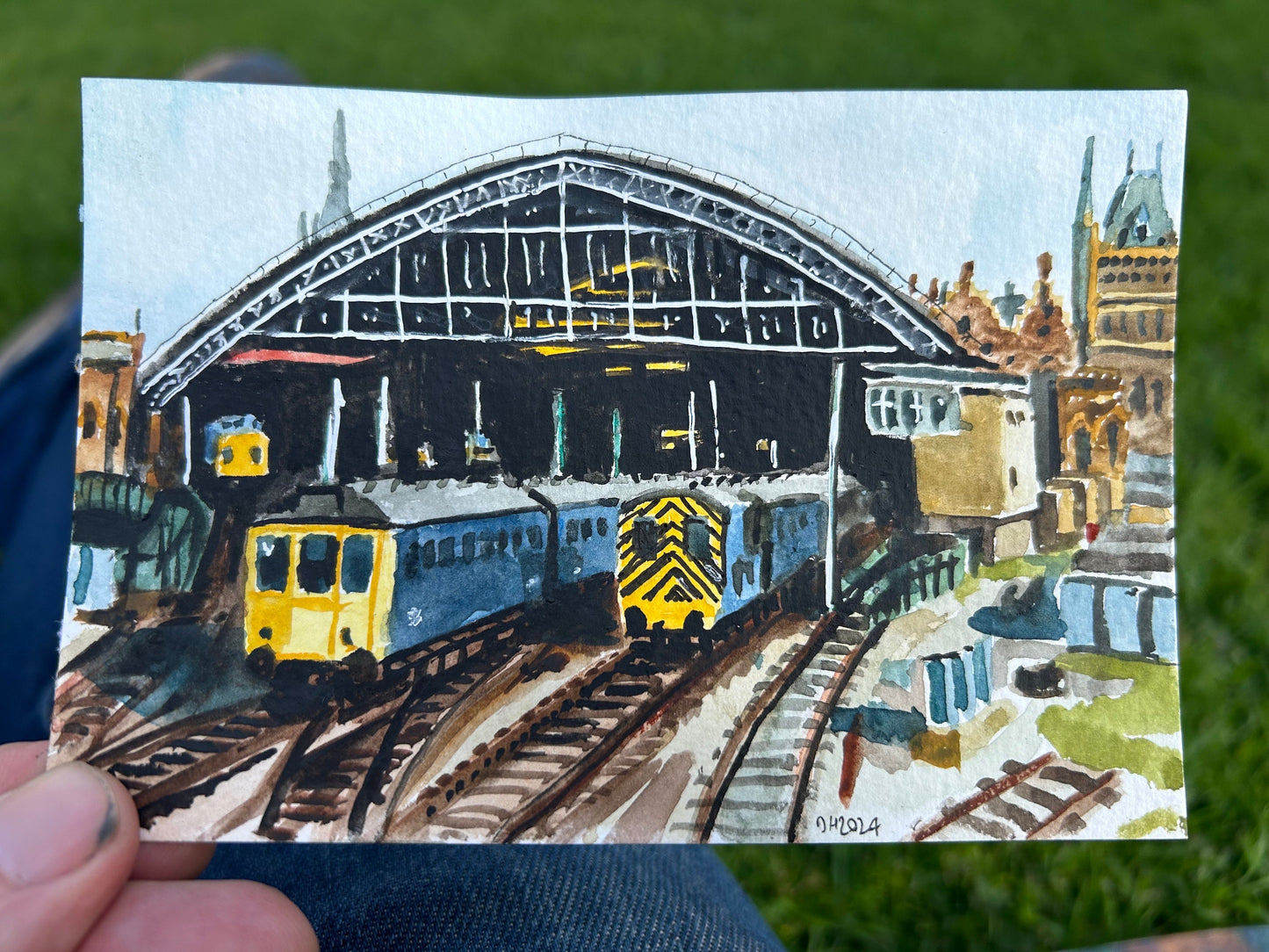Postcard painting of class 45, class 127 and a class 08, at St Pancras