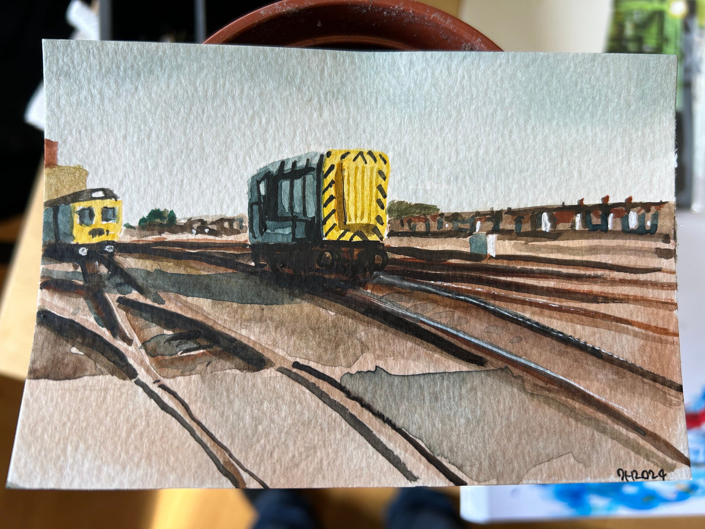 Postcard painting of a Class 08 diesel train. From a childhood photograph by Kevin Griffiths.