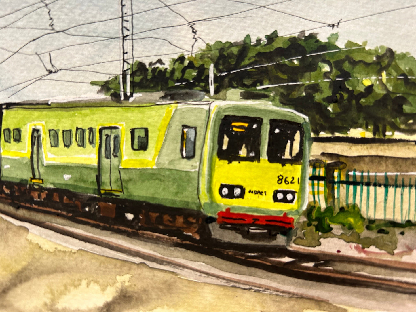 Postcard painting of the Dart Train at Dún Laoghaire
