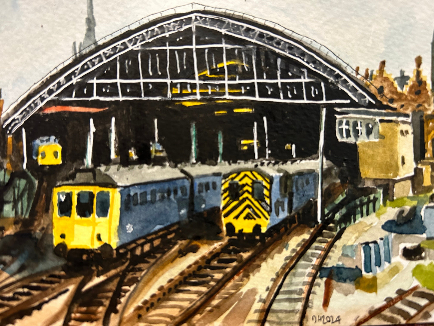 Postcard painting of class 45, class 127 and a class 08, at St Pancras