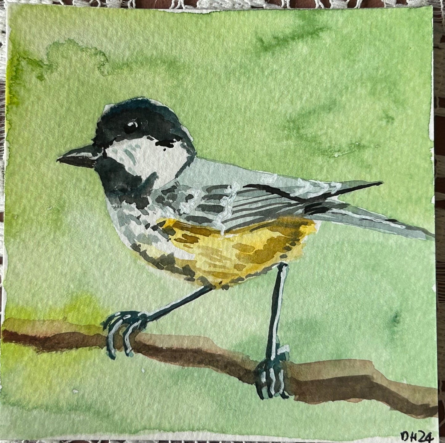 Coal Tit. 10cm square watercolour painting.