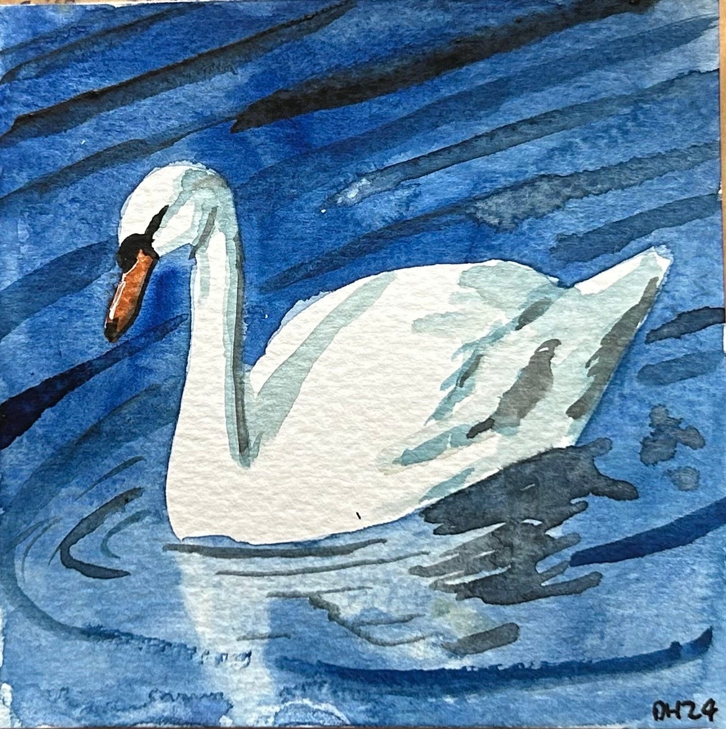 Swan. (Paul McCartneys birds from ‘this one’). 10cm square watercolour painting.