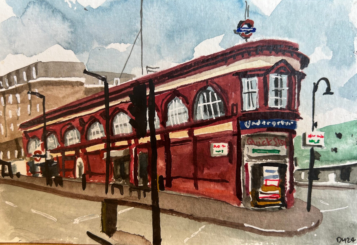 Chalk Farm Underground Station. London. Postcard painting. Watercolour.