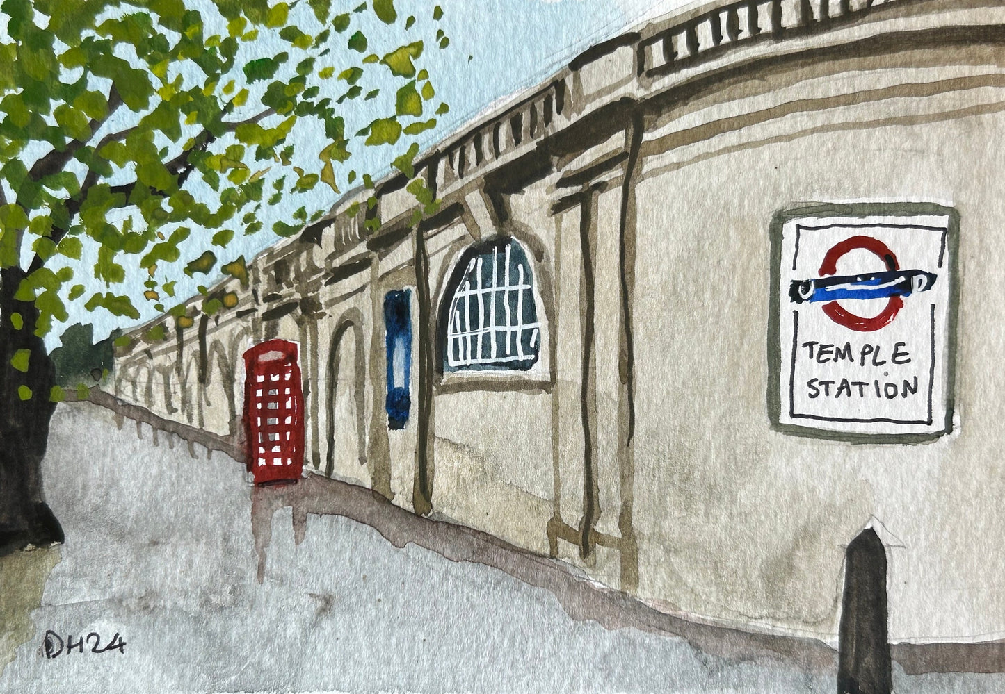 Temple Underground Station. London. Postcard painting. Watercolour.