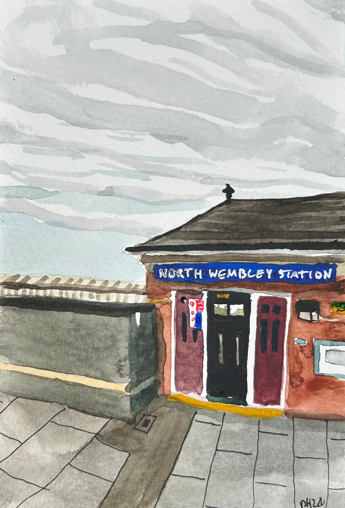 North Wembley Underground Station. London. Postcard painting. Watercolour.