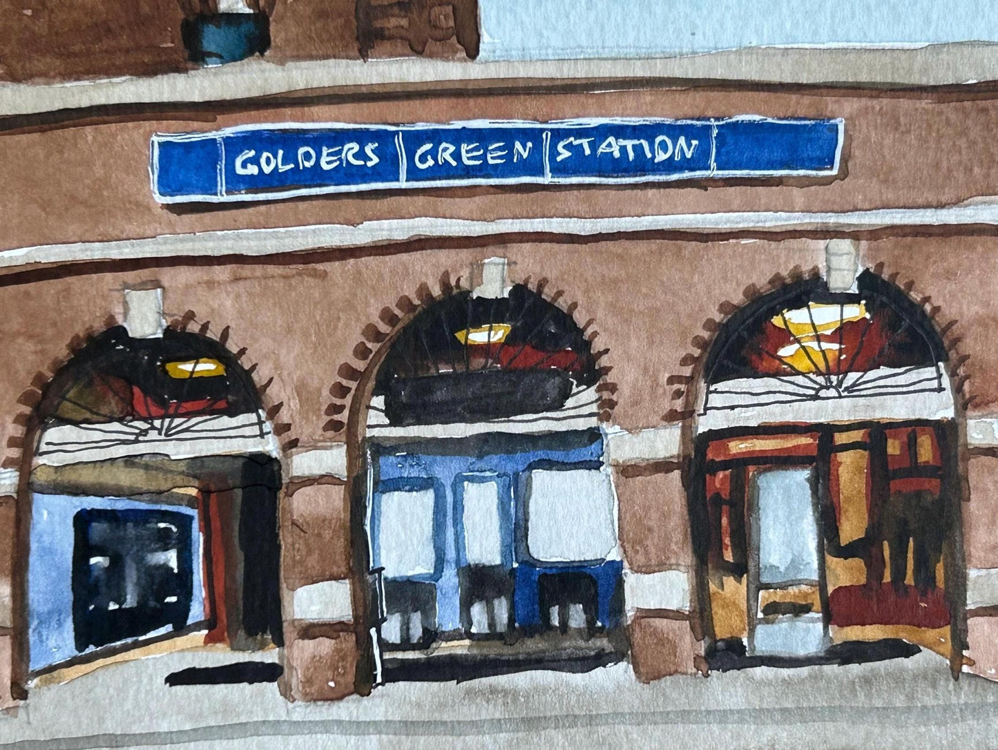 Golders Green Underground Station. London. Postcard painting. Watercolour.