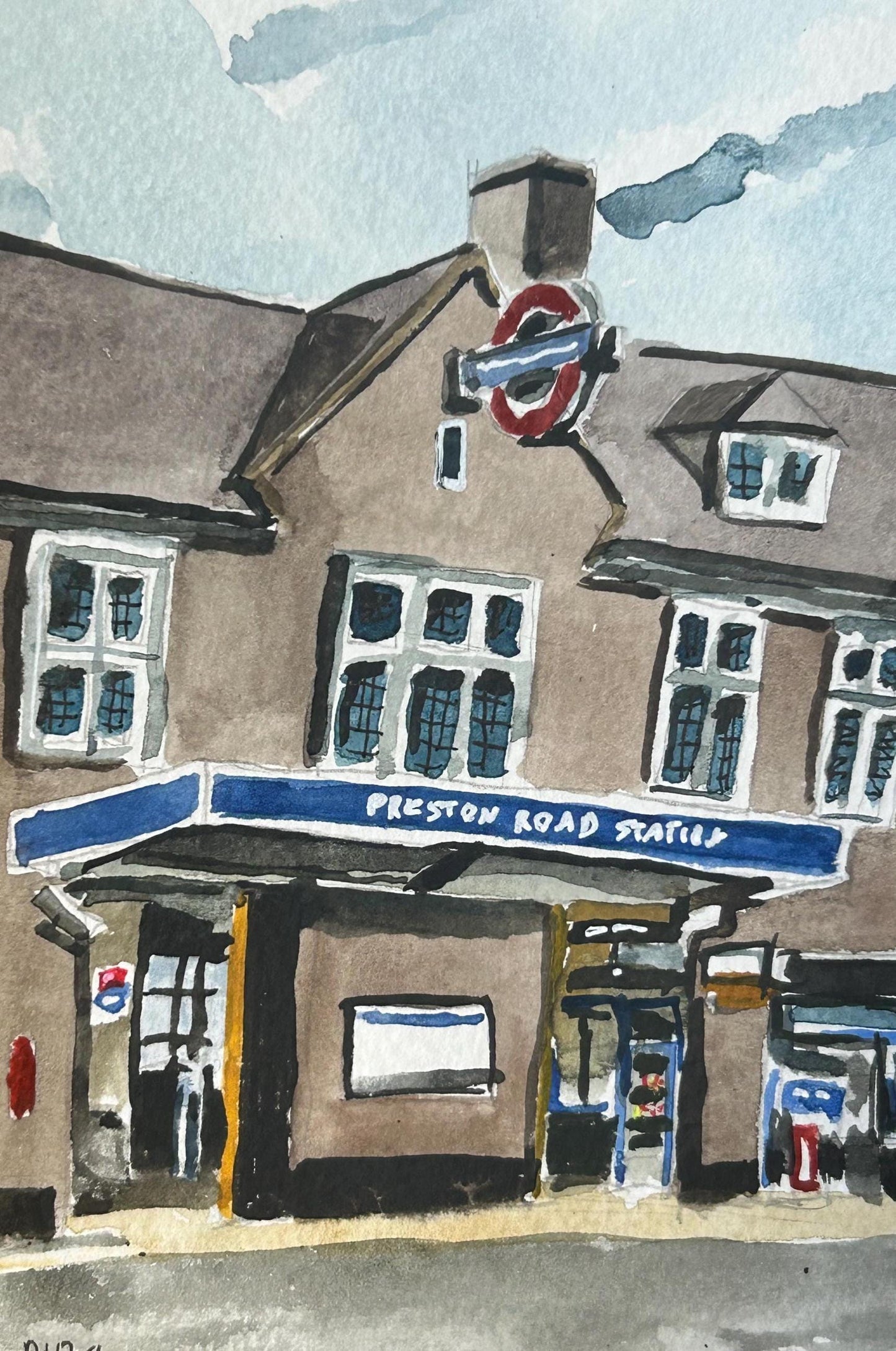Preston Road, Underground Station. London. Postcard painting. Watercolour.