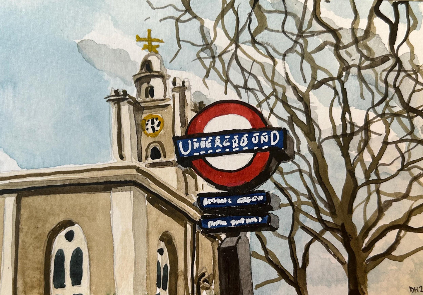 Bethnal Green Underground Station. London. Postcard painting. Watercolour.