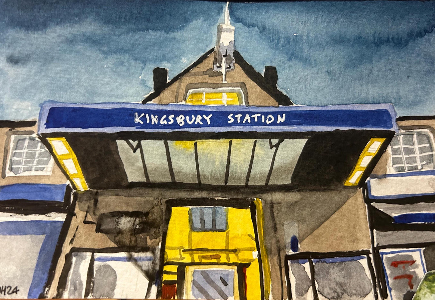 Kingsbury Underground Station. London. Postcard painting. Watercolour.