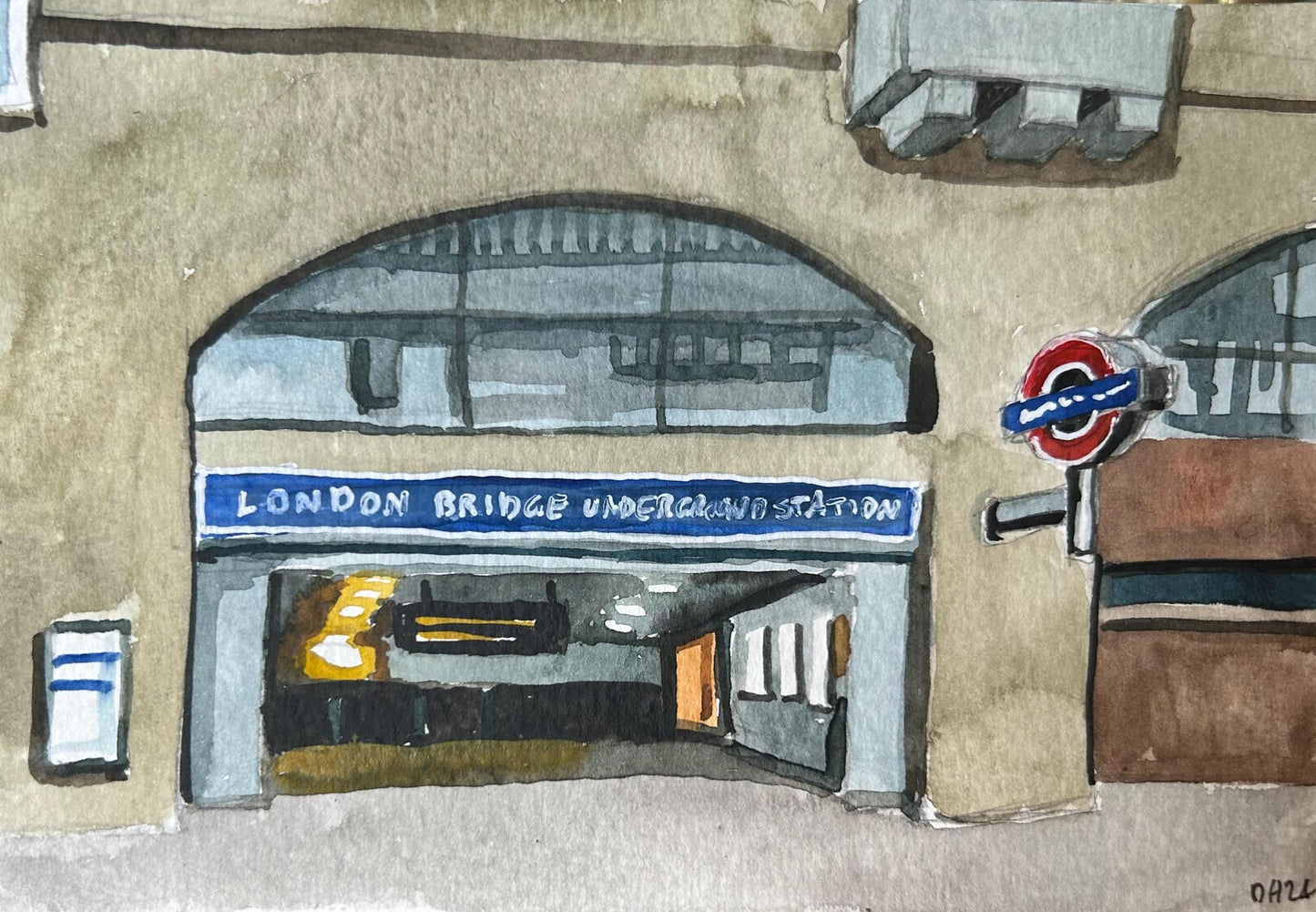 London Bridge Underground Station. London. Postcard painting. Watercolour.