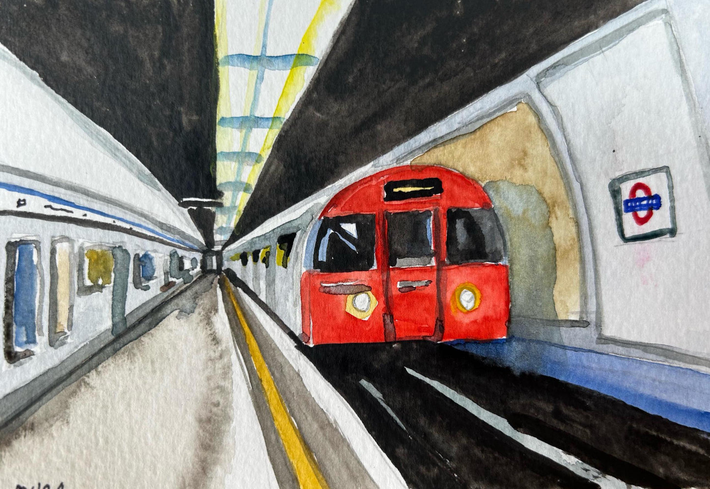 Blackhorse Road Underground Station at night. London. Postcard painting. Watercolour.
