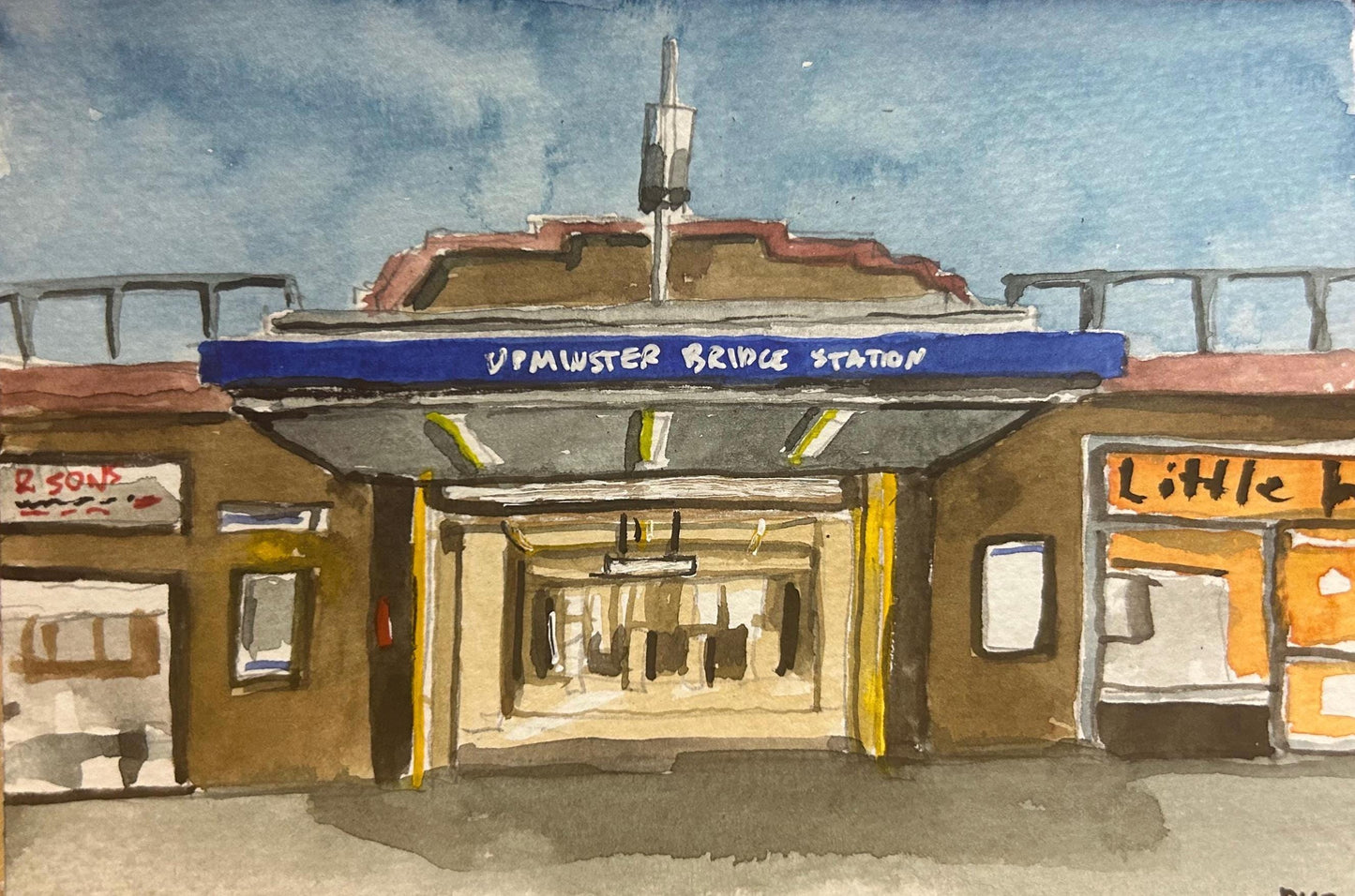Upminster Bridge Underground Station. London. Postcard painting. Watercolour.