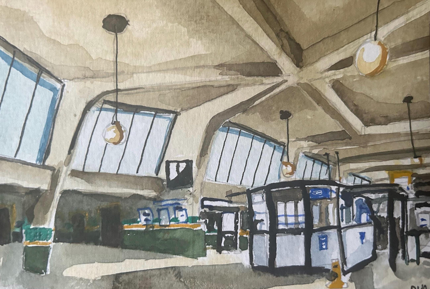 Cockfosters underground station. Postcard painting.