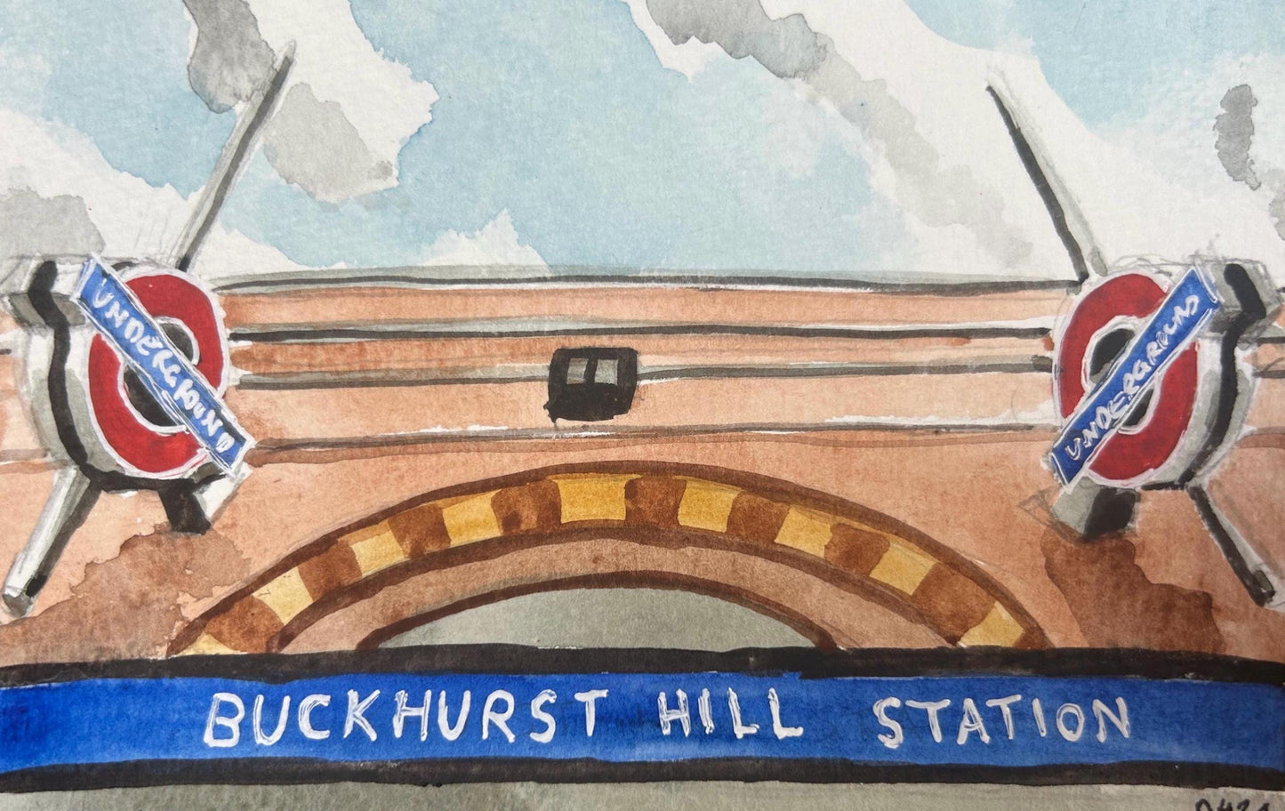 Buckhurst Hill underground station. Postcard painting.