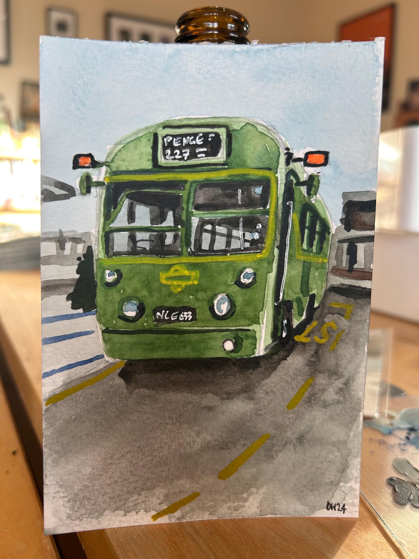Postcard painting (A6) of Old Bus in Penge