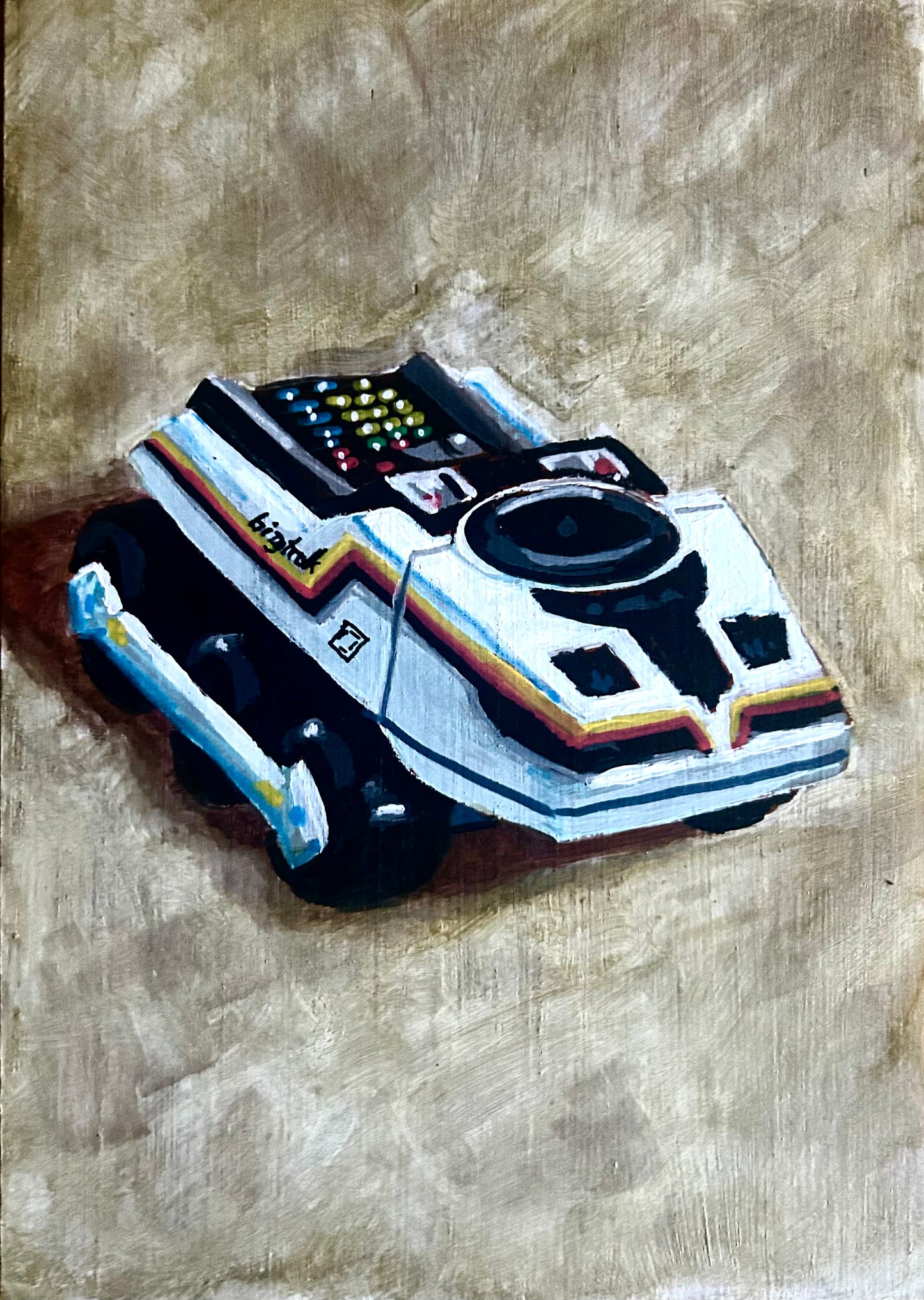 ‘Don’t Pretend’. Painting of Big Trak toy. Acrylic on board. Framed. 2025.