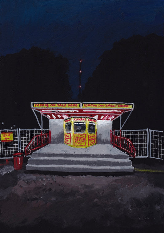 ‘I see the lights, I love the lights.’ A4 night painting. Acrylic on board. Framed. Fun Fair 2024 06