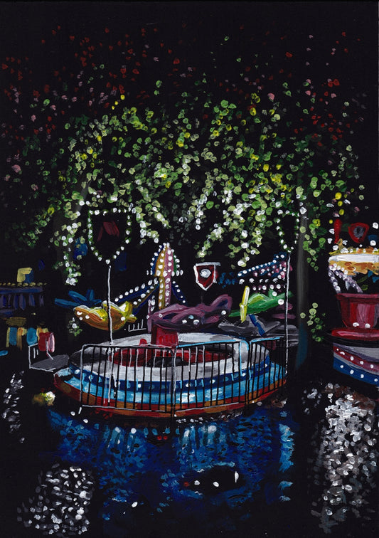 ‘I never was. I never will be.’ A4 night painting. Acrylic on board. Framed. Fun Fair 2024 08
