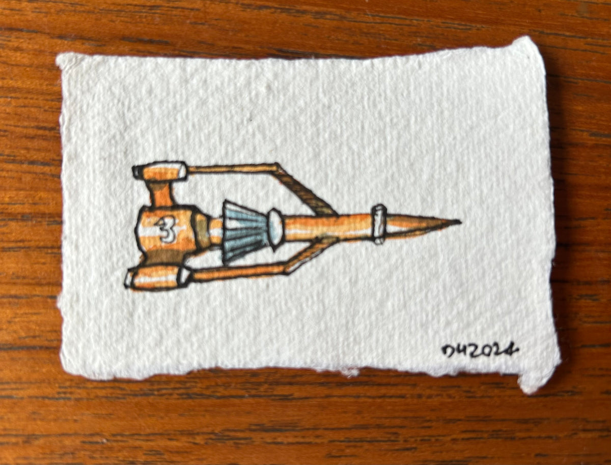 Tiny cloth rag paper painting of a Thunderbird 3 8cm x 5cm