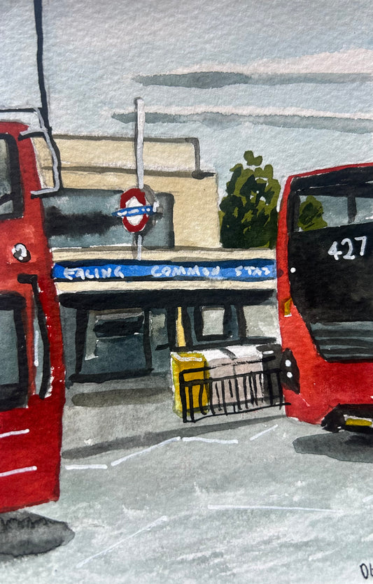 Ealing Common Underground Station. London. Postcard painting. Watercolour.
