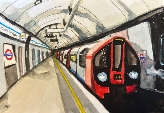 Highbury and Islington Underground Station London. Postcard painting. Watercolour.