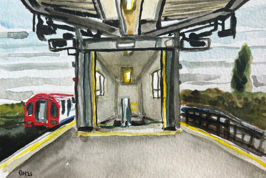 Ruislip Gardens Underground Station. London. Postcard painting. Watercolour.