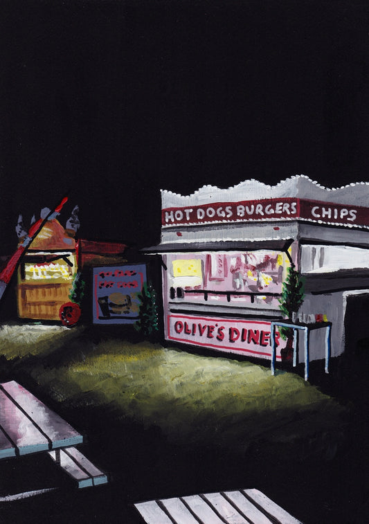 ‘You can let go, it’s ok’ A4 night painting. Acrylic on board. Framed. Fun Fair 2024 04