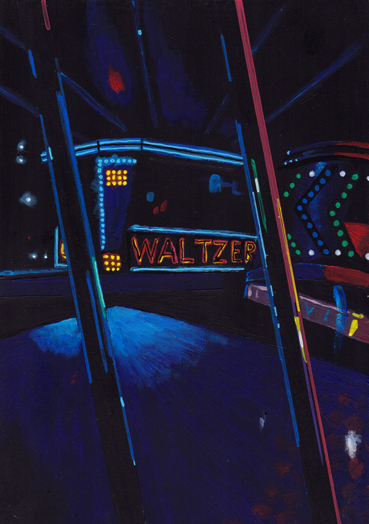 ‘The heavens opened. We couldn’t go back.’ A4 night painting. Acrylic on board. Framed. Fun Fair 2024 34